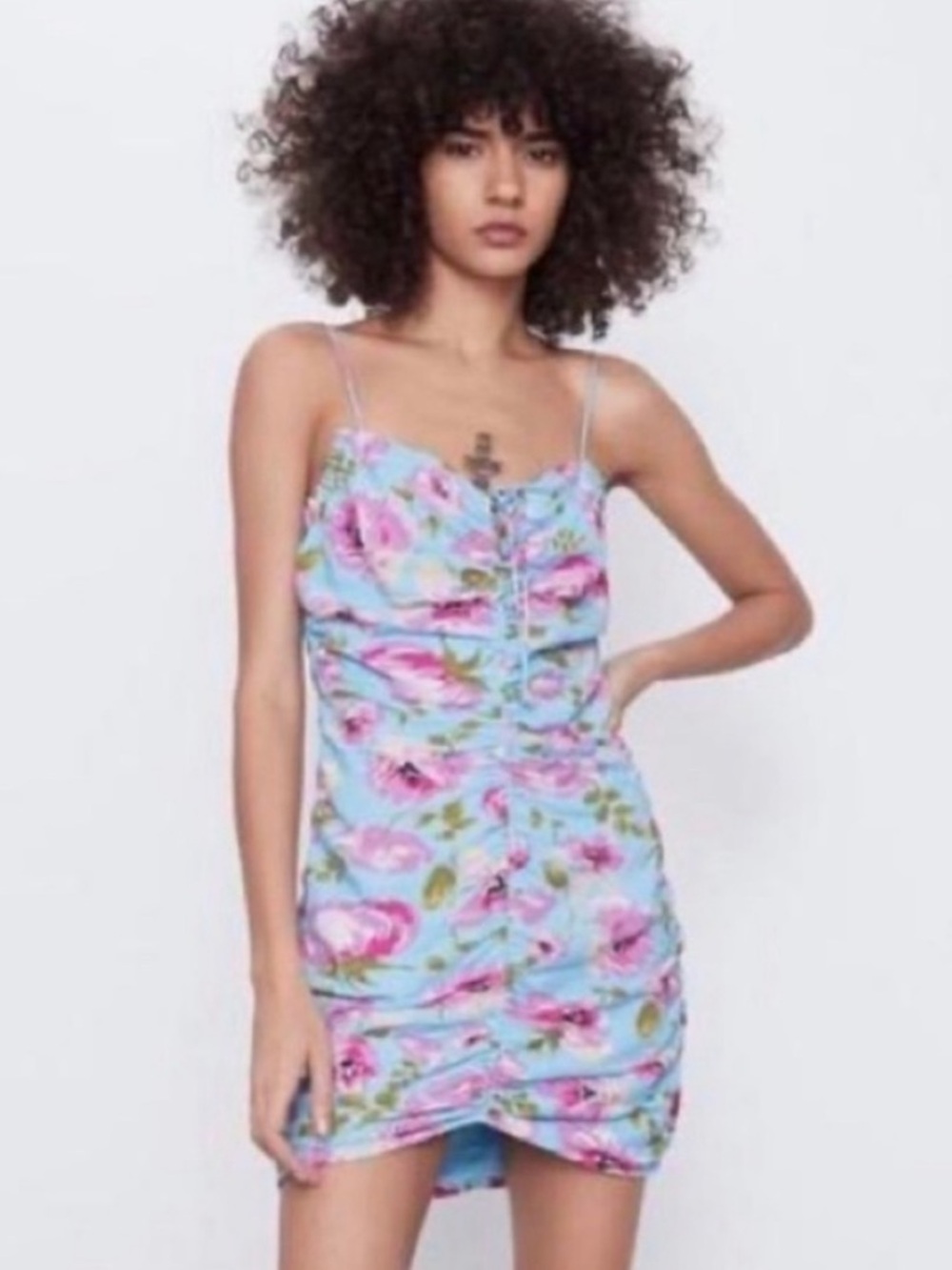 Zara Ruched Floral Mini Dress